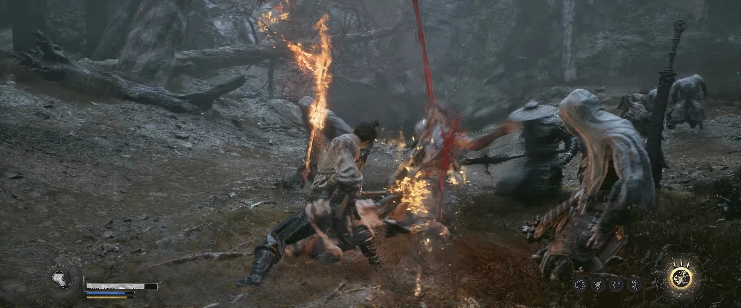 Fire crossing a group fight beside a red vertical form in the official trailer