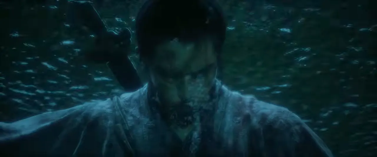 Blue-green vision interrupting an earth-toned sequence in official gameplay footage